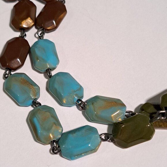 blue turqoise brown gold long necklace - Picture 3 of 7